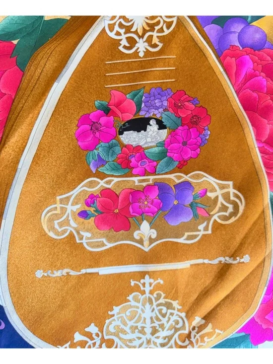 LEONARD Paris 100% Silk Scarf Baroque Arrangement Stringed Instrument Peony Navy - Picture 12 of 16